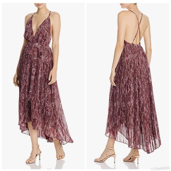 FAME AND PARTNERS Maroon Pleated Printed Hi-Lo Dress - Picture 1 of 9